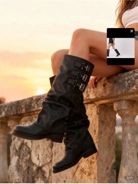SHEIN Black Mid-Calf Buckled Slouch Boots